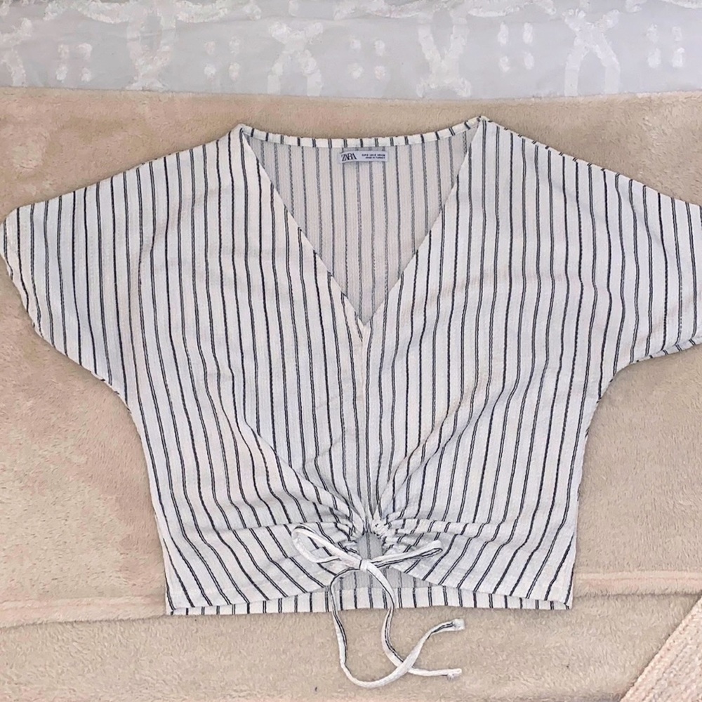 Zara stripe short sleeve top with tie